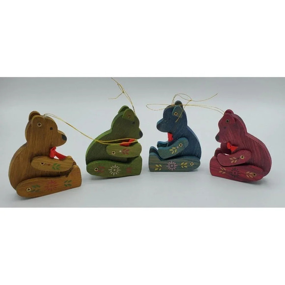 Vintage 4 Wooden Painted Teddy Bears Movable Joints Ornaments+ Bear Mouse Taiwan - Picture 4 of 9